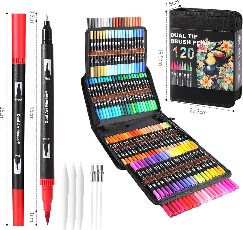TOSHARE Dual Tip Markers, Brush Art Markers Set with Fine Tip and Brush Tip for Adult Coloring Book, Hand Lettering, Calligraphy & Drawing, Professional Art Supplies Kit for Adults (120 Colors) - Image 4